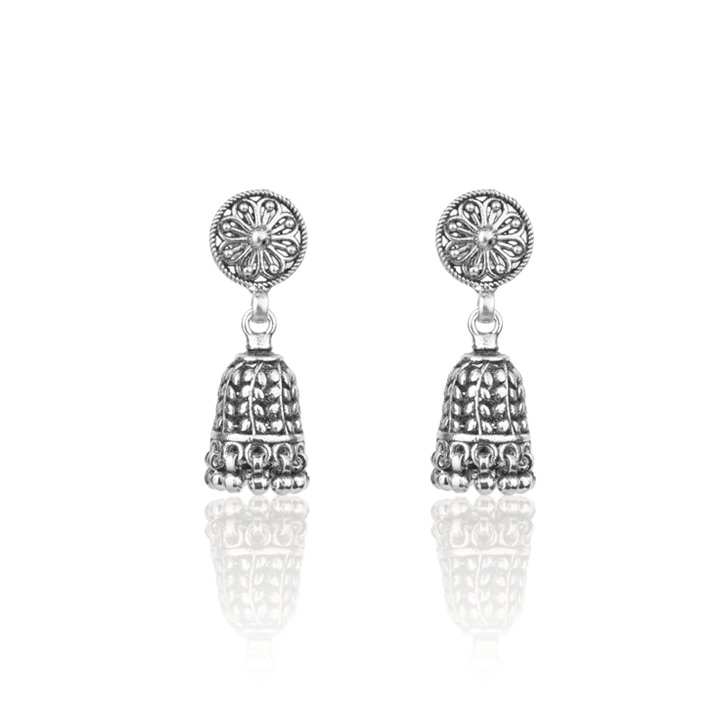 Oxidized Silver Round Leaf Jhumka Earrings – Traditional 925 Silver Jewellery for Women, Perfect for Navratri, Diwali and Wedding Gifting