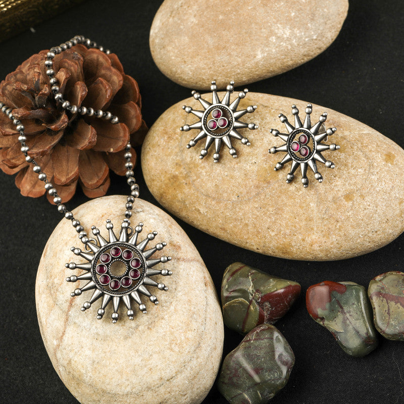 Oxidized Silver Sun Pendant displayed on festive prop – Raksha Bandhan and Bhai Dooj gift idea
