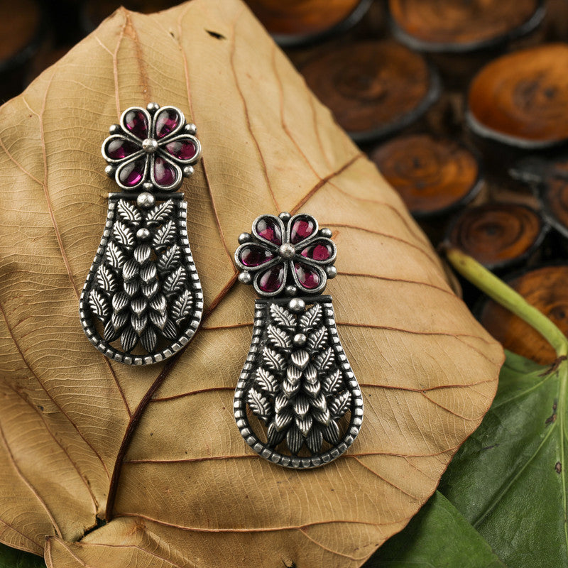 Designer Oxidized Silver Vase Earrings with Ethnic Backdrop – Traditional Silver Jewellery for Festive Celebrations