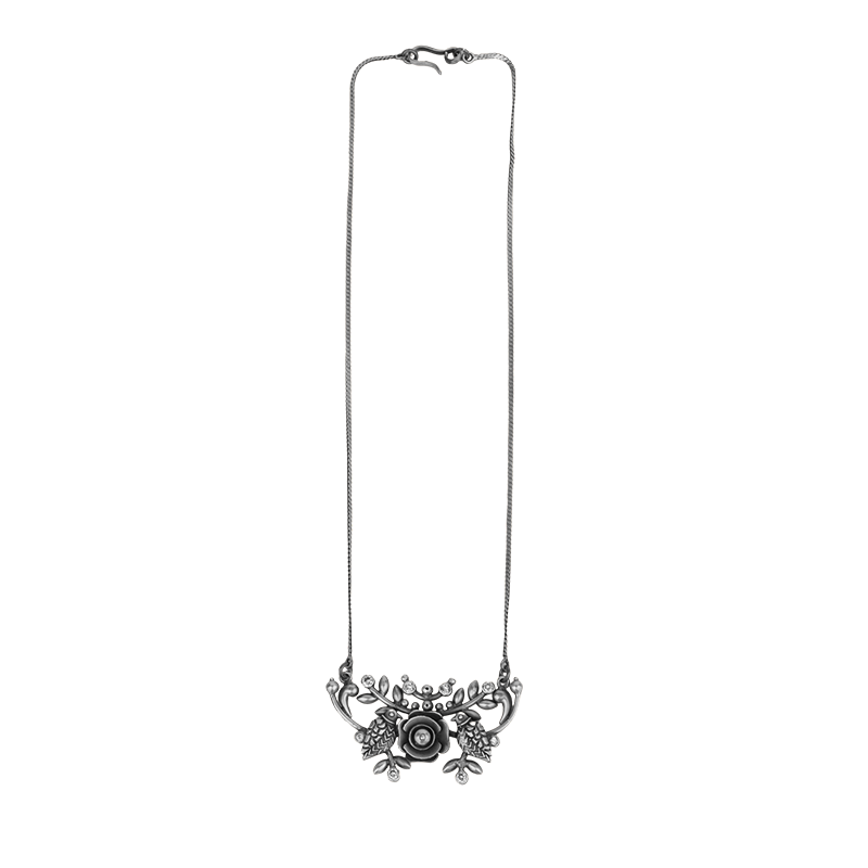 Oxidized silver bird and flower necklace in 925 sterling with antique ethnic finish