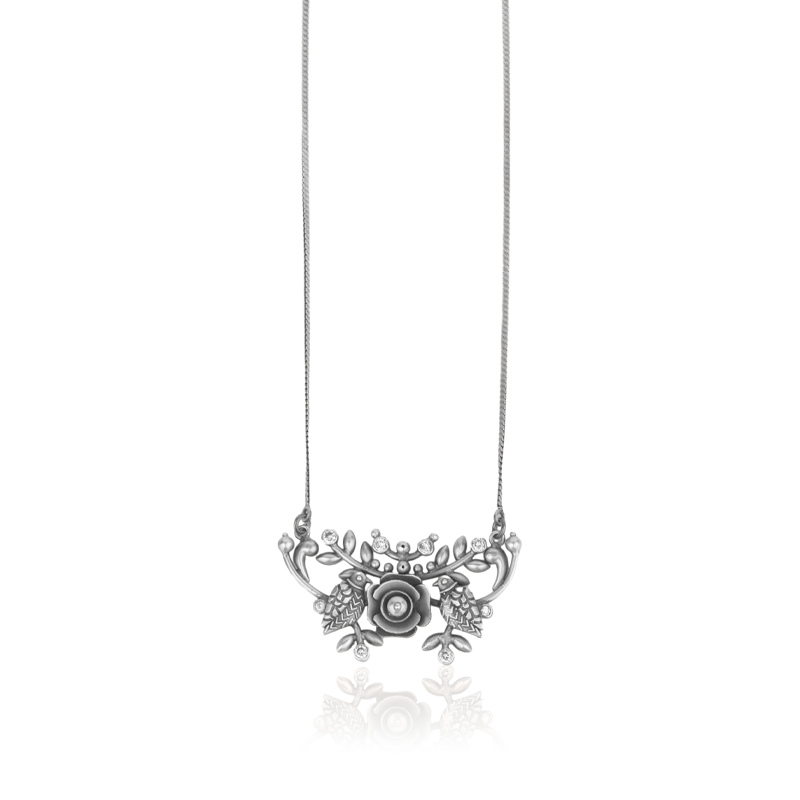 925 sterling oxidised silver bird and floral necklace designed for temple jewelry and bridal styling