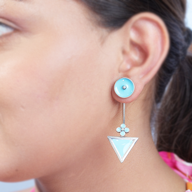 Oxidized silver detachable earrings on model – stylish ethnic accessory for weddings, Karwa Chauth, and festive outfits