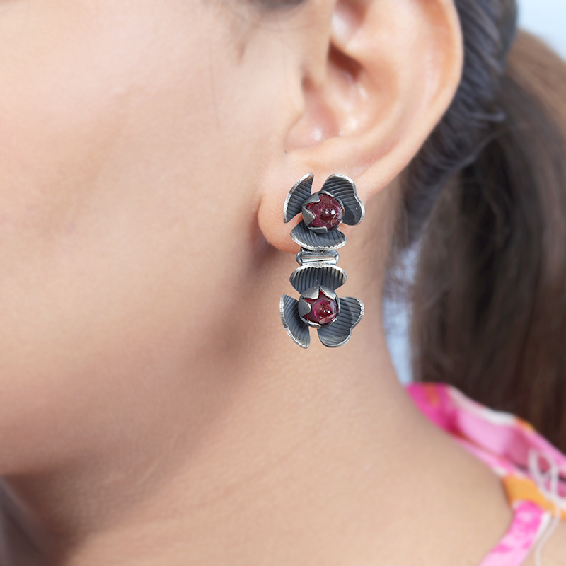 Oxidized silver double flower earrings on model – elegant ethnic jewelry for cultural celebrations and parties