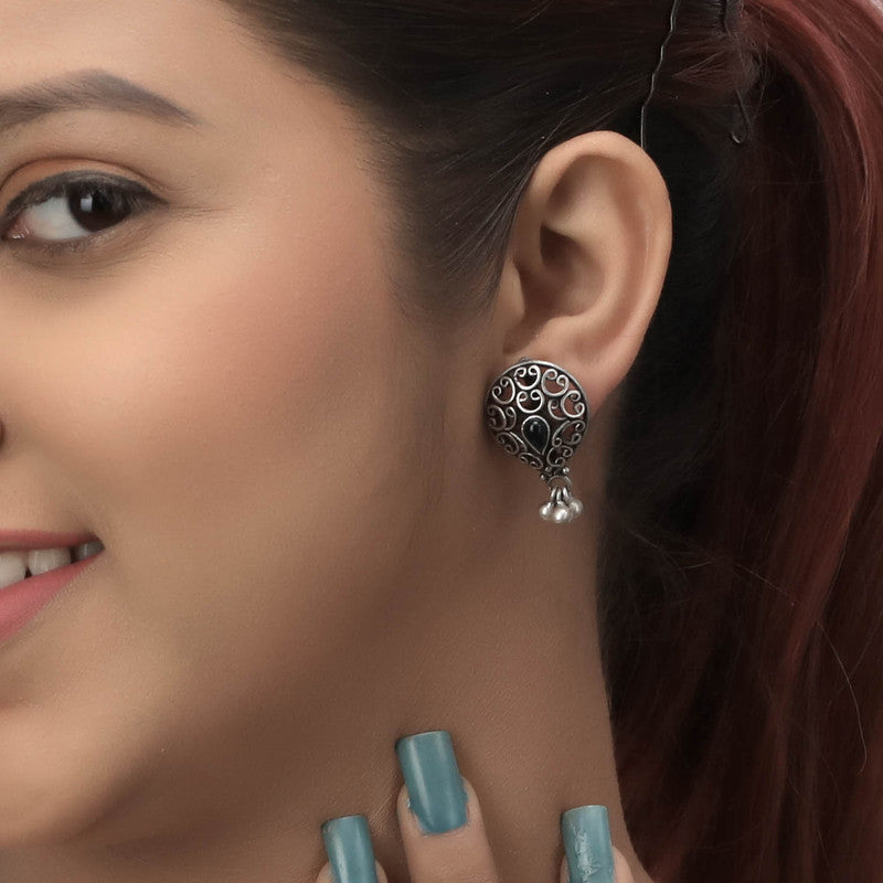 Elegant oxidized silver drop stud earrings on model – traditional ethnic jewelry for weddings and cultural celebrations