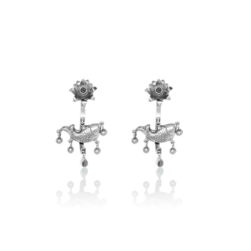 Oxidized silver fish earrings for women – ethnic festive jewelry inspired by nature, perfect for Diwali and Navratri