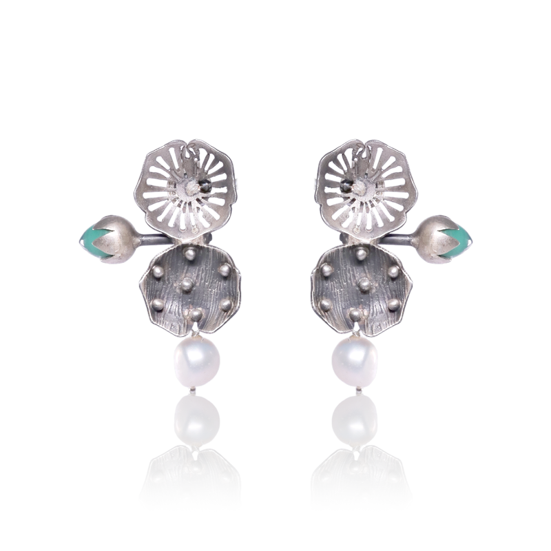 Oxidized silver flower bud stud earrings for women – ethnic festive jewelry for Diwali, Navratri, and cultural wear