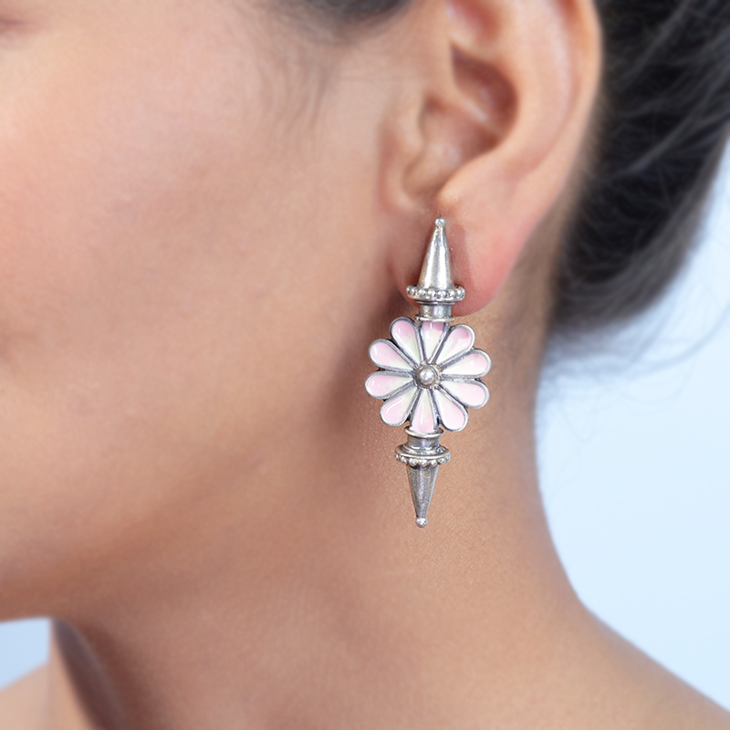 Oxidized silver meenakari stud earrings on model – vibrant traditional jewelry for weddings, parties, and cultural events
