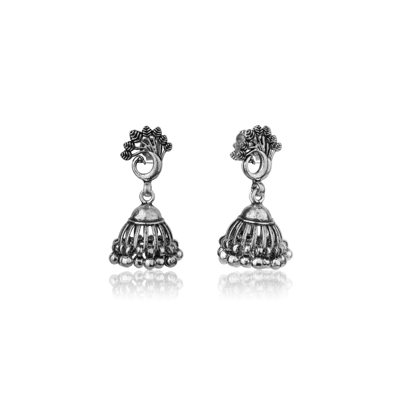 oxidized silver peacock feather jhumka – close up image