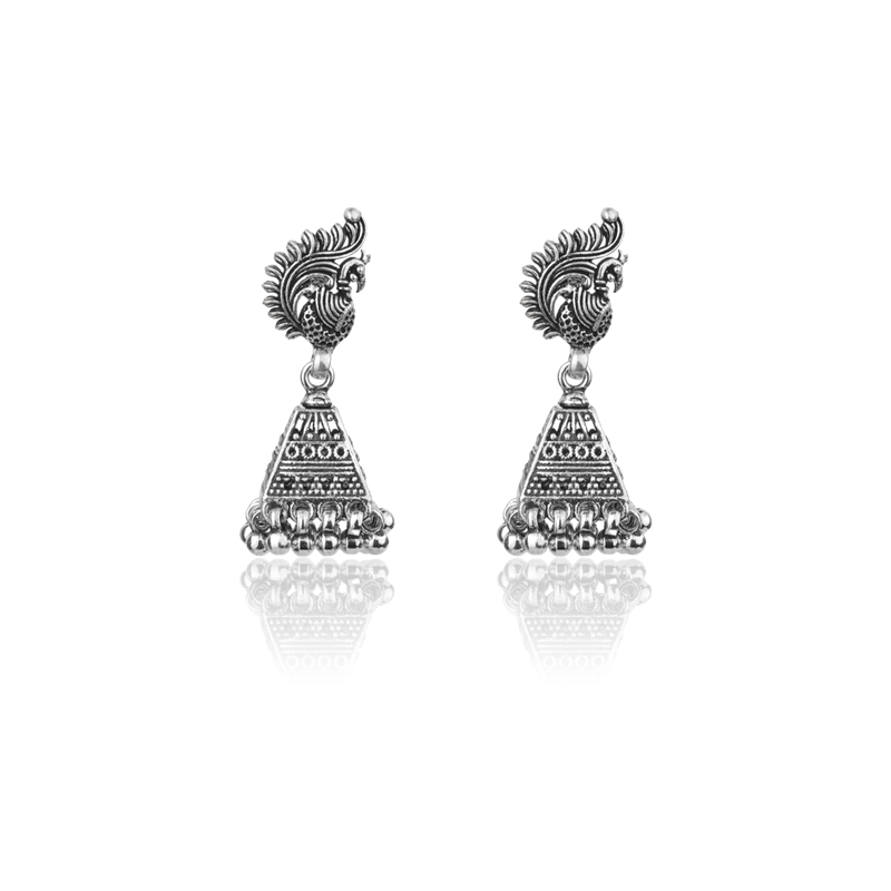 Oxidized silver peacock jhumka earrings for women – ethnic traditional jewelry for Diwali, Navratri, and festive occasions