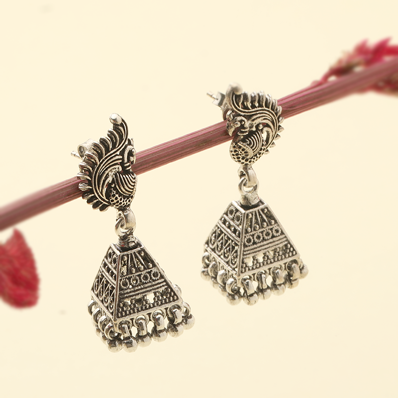 oxidized silver peacock jhumka earrings – ethnic festive jewelry for women, ideal for cultural celebrations
