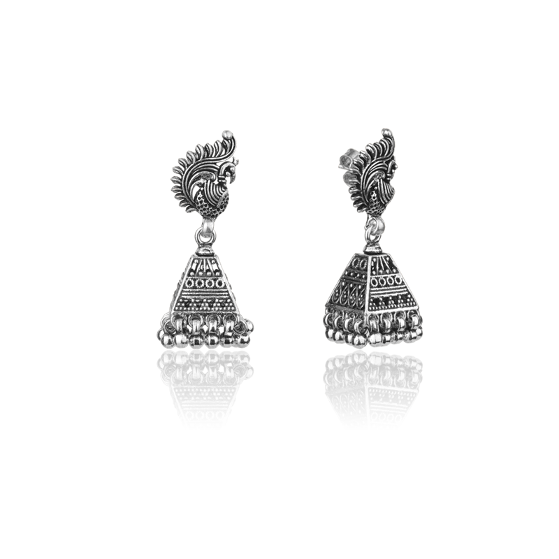 Classic oxidized silver peacock jhumka earrings close up