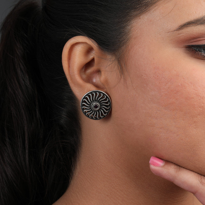 Elegant oxidized silver sun ray stud earrings on model – stylish ethnic jewelry for weddings and cultural events