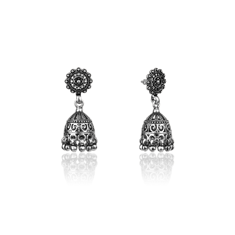 oxidized silver sunflower jhumka close up image