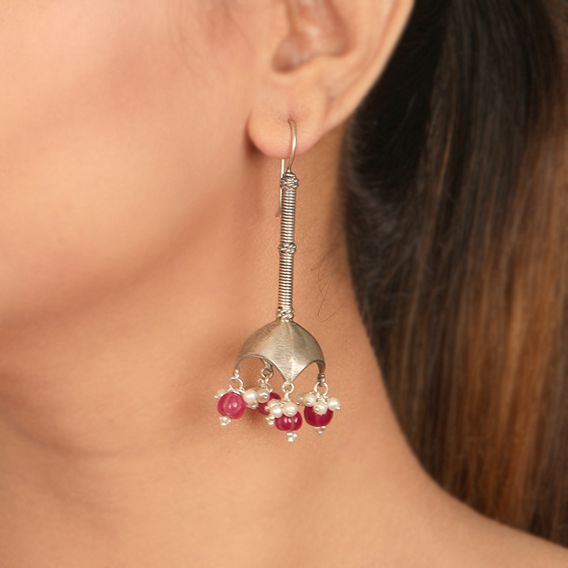 Oxidized silver tassel earrings on model – stylish ethnic accessory for weddings, Karwa Chauth, and festive outfits
