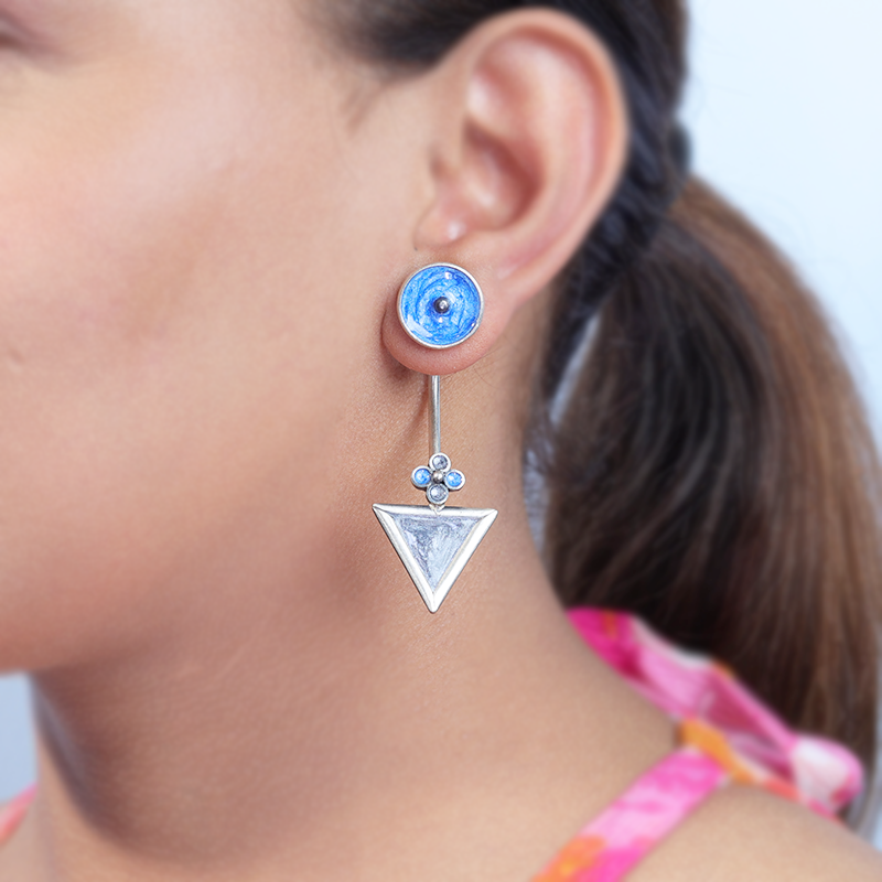 Oxidized silver triangle earrings on model – stylish ethnic accessory for weddings, Karwa Chauth, and cultural celebrations