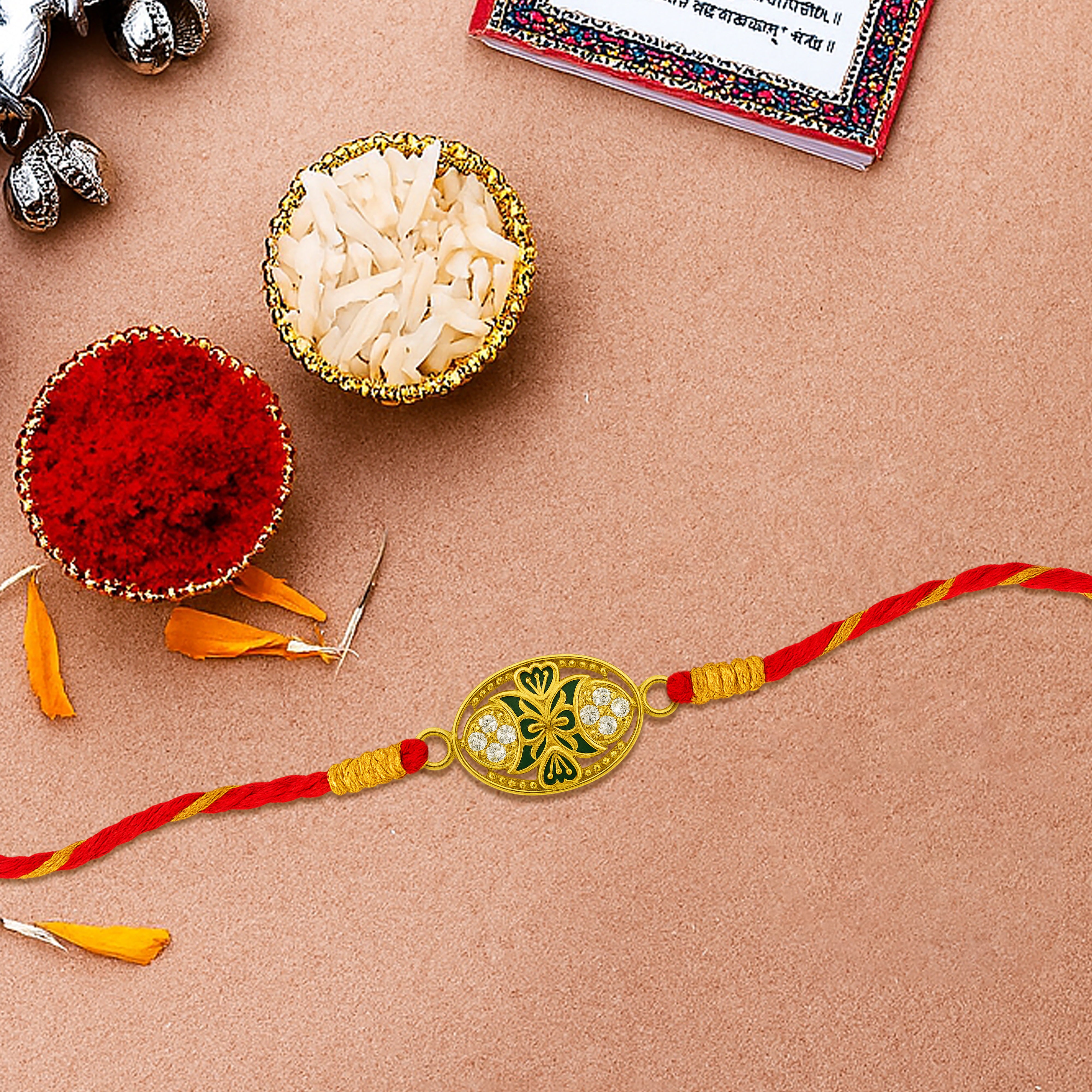 Silver rakhi for brother with King oval Meena art – original silver rakhi and silver rakhi design with price for Raksha Bandhan
