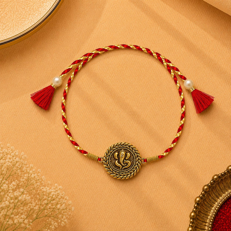 Silver Shree Design Rakhi for Brother with Roli Chawal