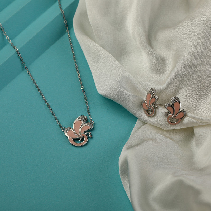 Pink Peacock 925 Silver Pendant and Earrings placed on wooden surface – traditional silver accessory set