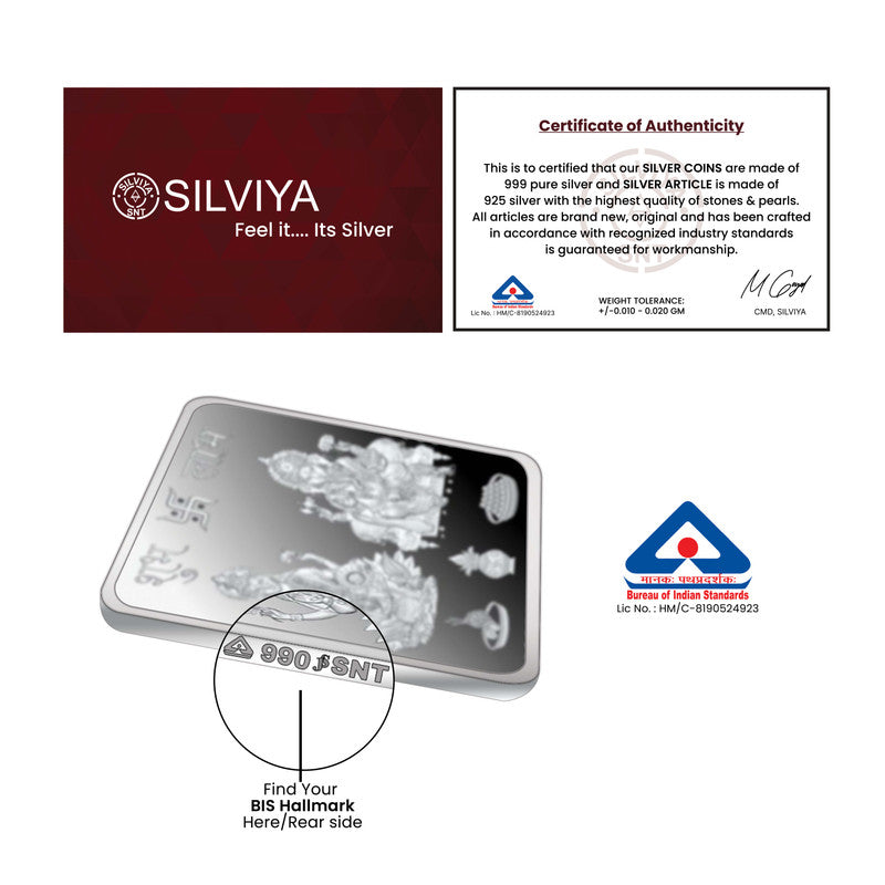 Certificate of Authenticity for 999 Pure Silver Lakshmi Ganesh Ji Coin