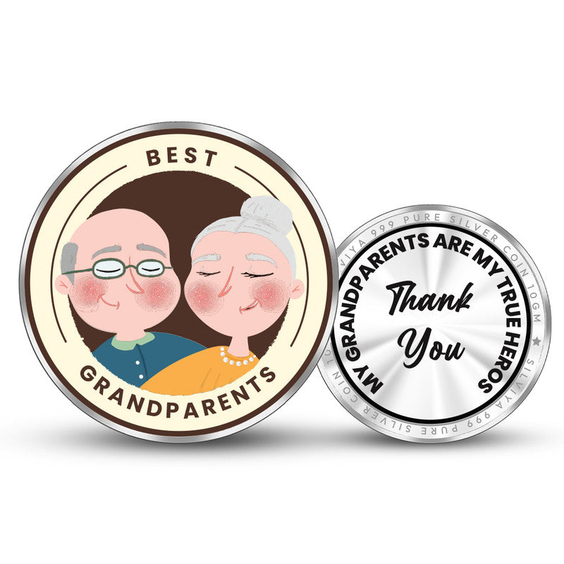 Front and backside of round 999 pure silver Best Grandparents gift coin.