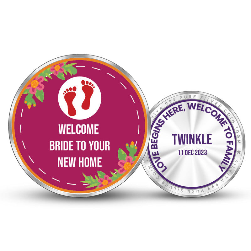 Personalized New Bride Welcome 999 pure silver round coin with decorative artwork — premium custom gift by Silviya.