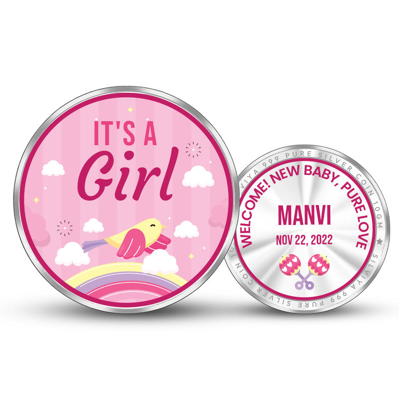 Front and backside of round 999 pure silver personalised new born baby girl coin.