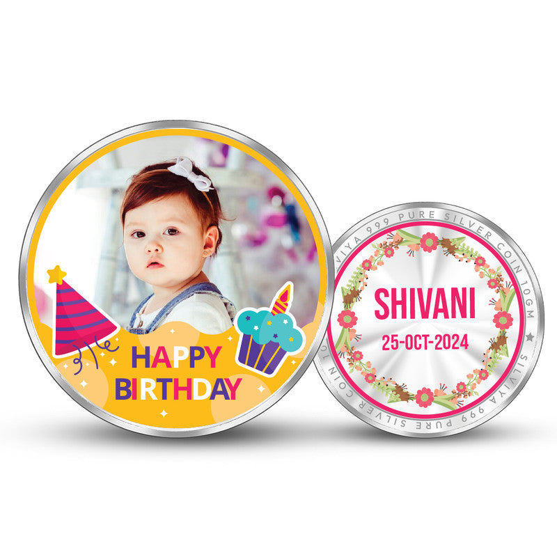 Front and backside of 999 pure silver Bundle of Joy customised newborn coin.