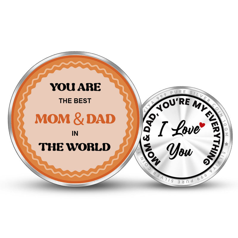 Front and backside of round 999 pure silver Best Mom and Dad gift coin.