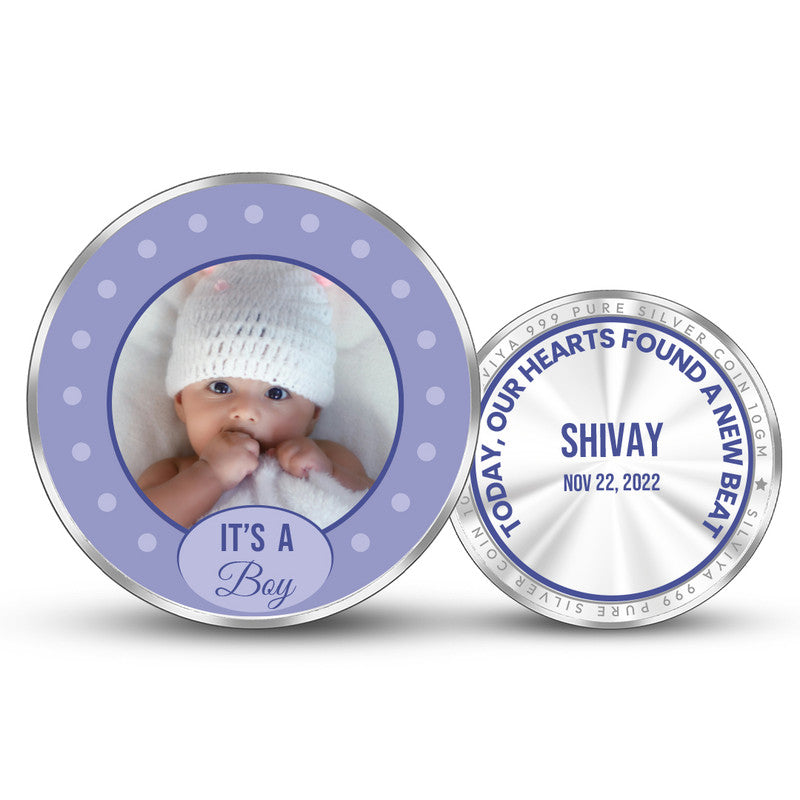 Front and backside of round 999 pure silver Baby’s First Treasure customised coin.