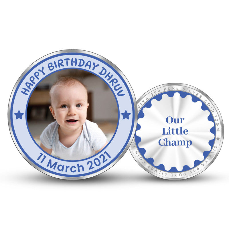 Front and backside of round 999 pure silver personalised little boy birthday coin.