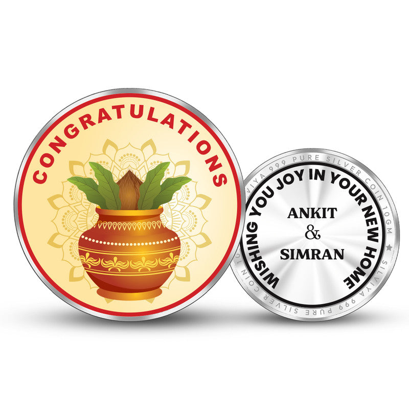 Front and backside of round 999 pure silver personalised house inauguration coin.