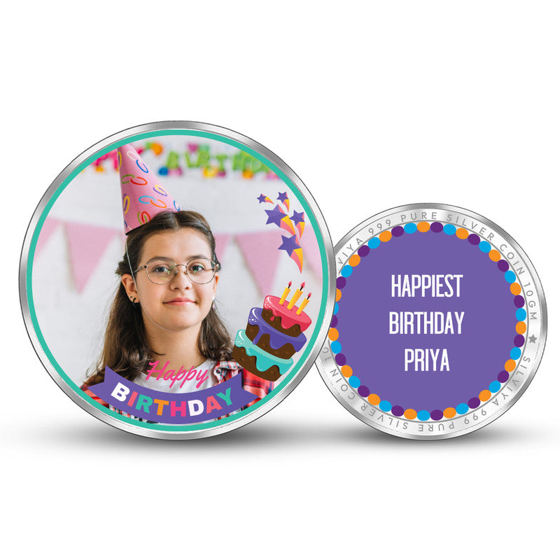 Front and backside of round 999 pure silver personalised birthday star coin.