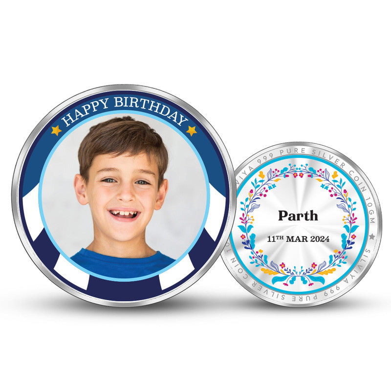 Front and backside of round 999 pure silver customised Celebrate in Silver birthday coin.