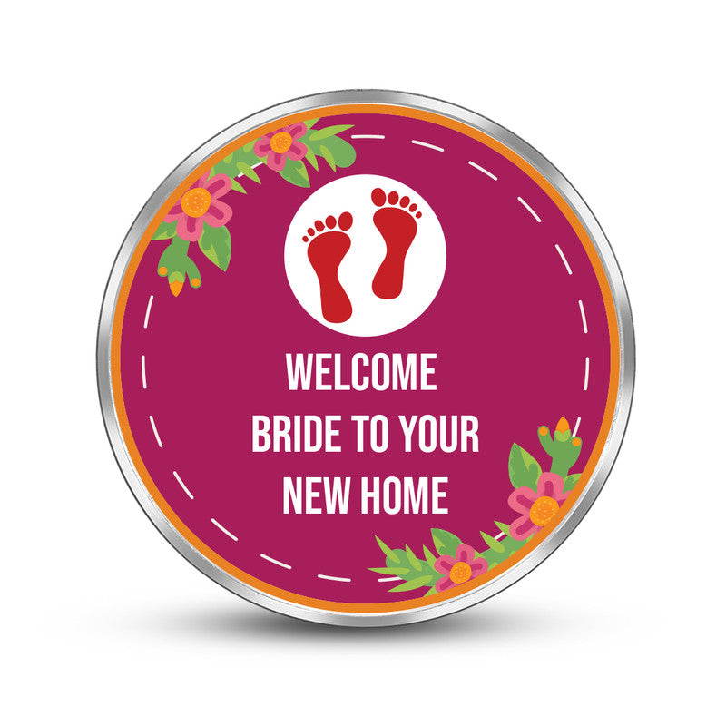 999 pure silver round coin featuring New Bride Welcome design with maroon floral decorative frame.