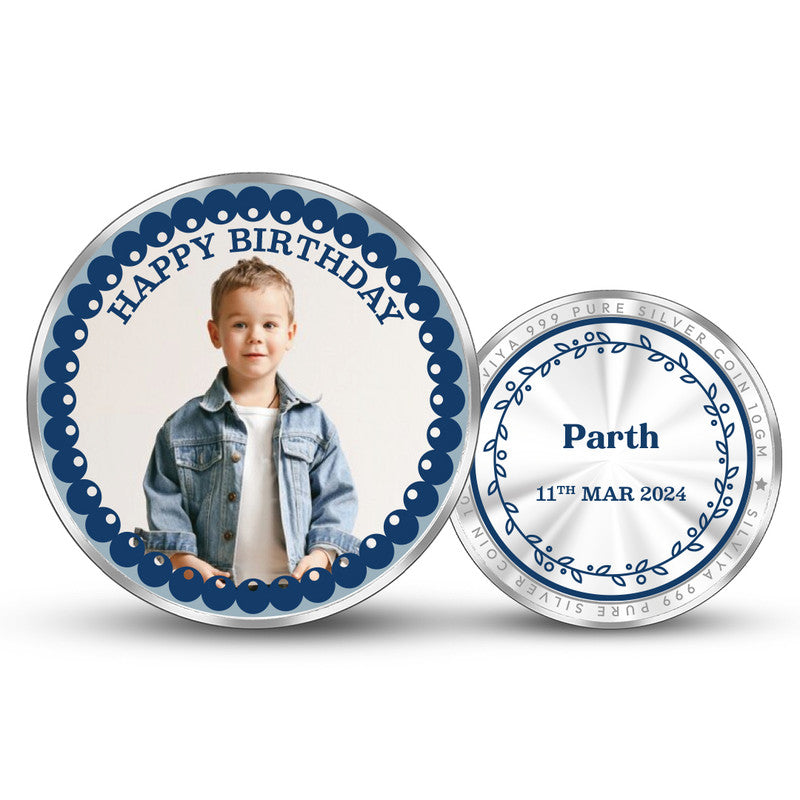 Front and backside of round 999 pure silver customised Capture Memories birthday coin