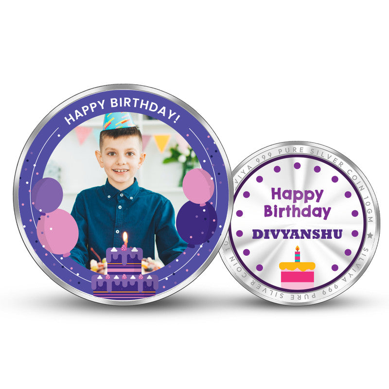 Front and backside of round 999 pure silver personalised birthday coin.