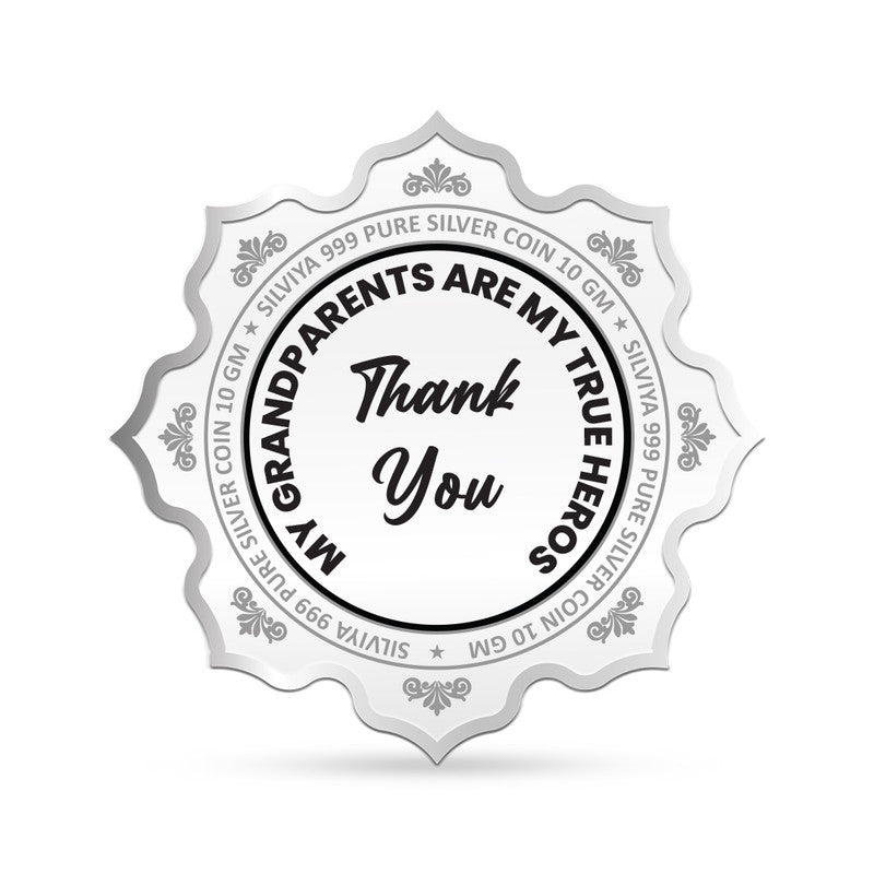 Backside view of lotus-shaped 999 pure silver Best Grandparents coin with polished finish.