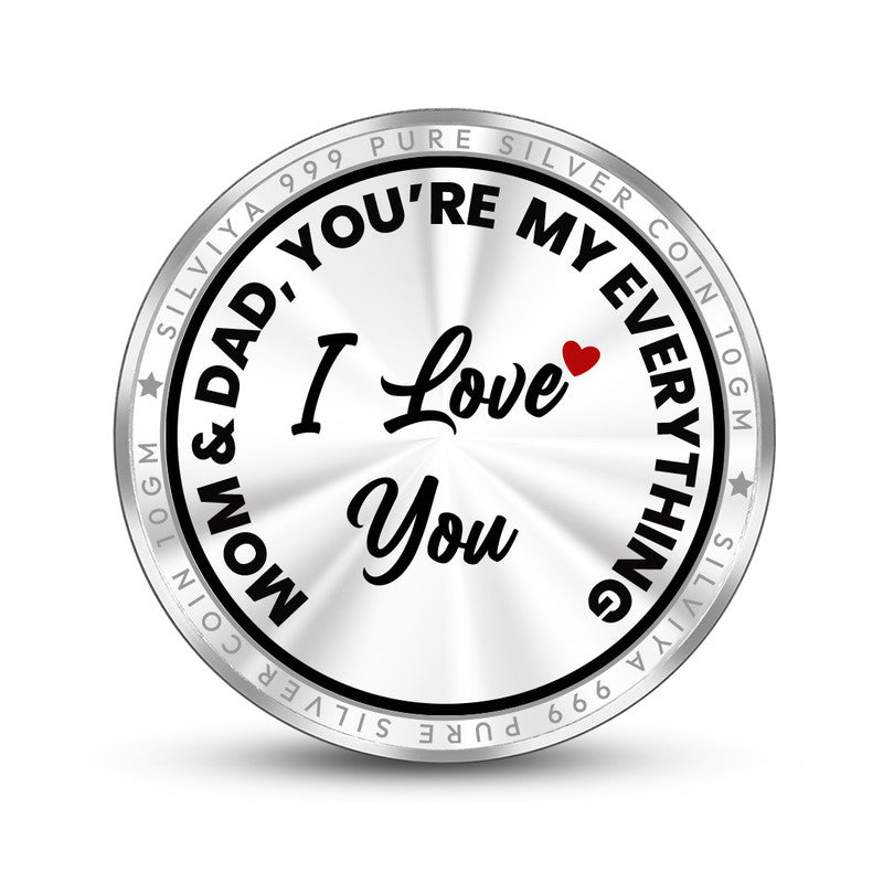 Backside view of round 999 pure silver Best Mom and Dad coin with polished finish
