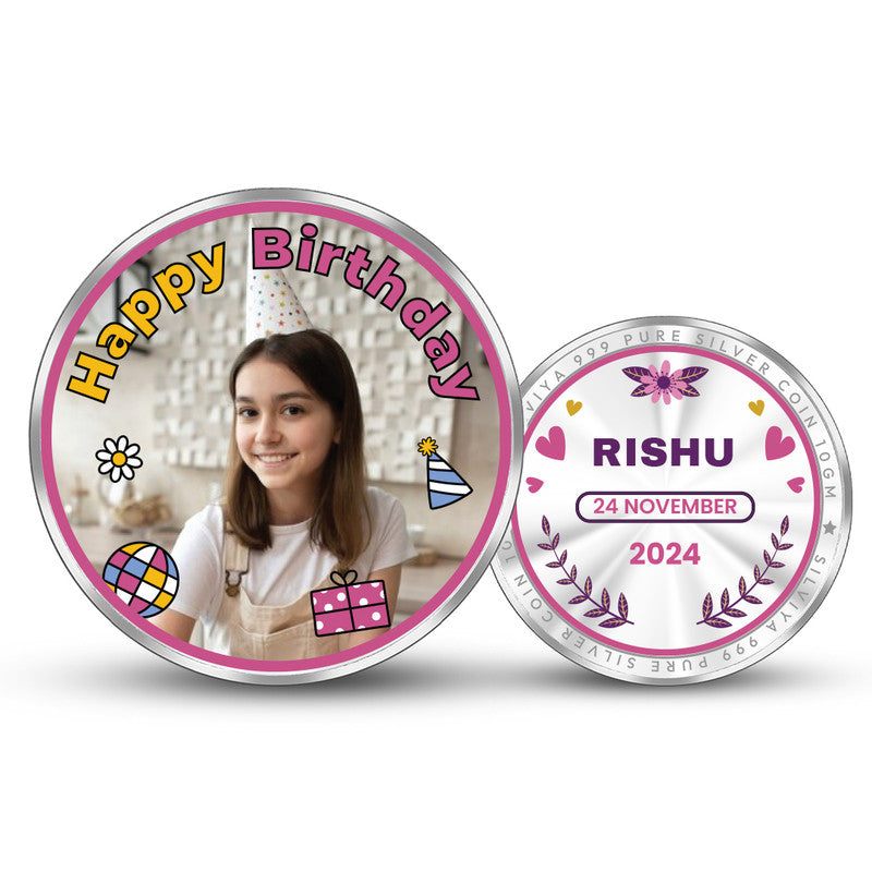 Front and backside of round 999 pure silver Make Birthdays Special customised coin.