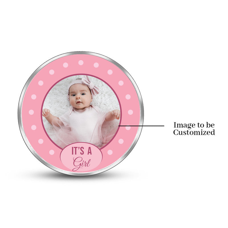 999 silver coin with customised Celebrate New Life newborn photo.