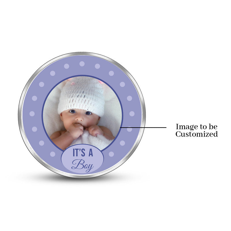 Round 999 silver coin with customised Baby’s First Treasure photo.