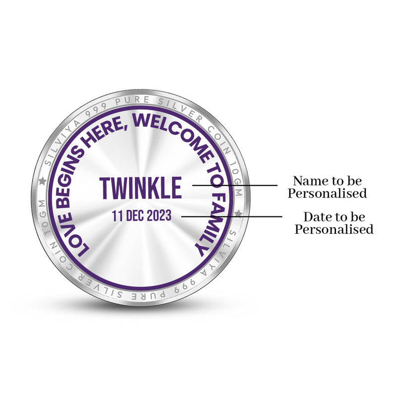 Back side of personalized New Bride Welcome 999 pure silver round coin with greeting message and elegant frame.