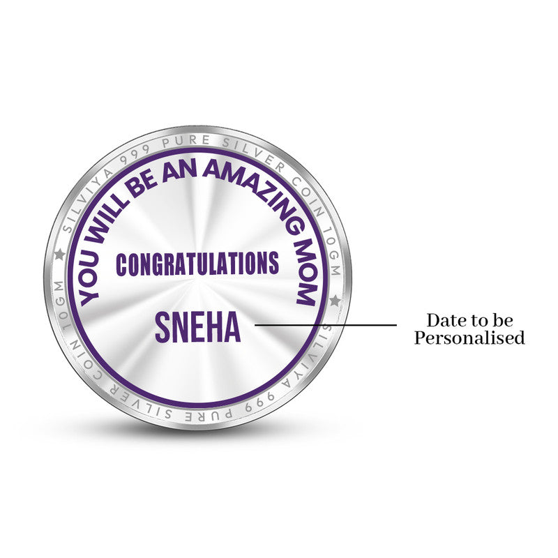 Backside view of round 999 pure silver baby shower coin with polished finish.