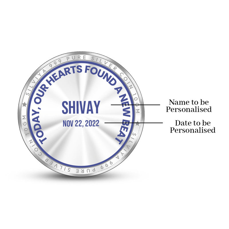 Backside view of round 999 pure silver Baby’s First Treasure coin with polished finish.