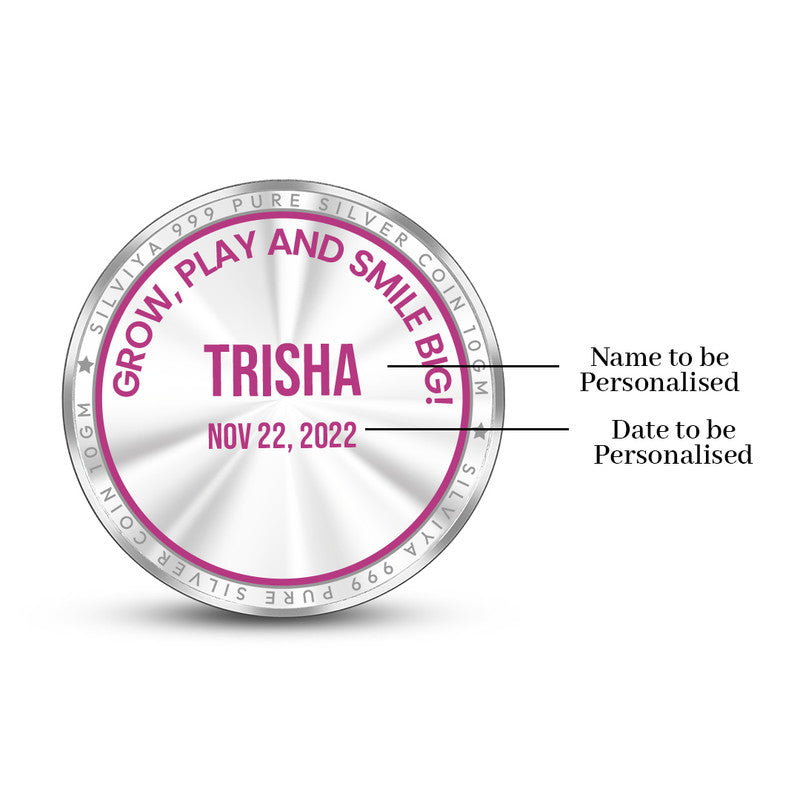 Backside view of 999 pure silver new baby coin with polished finish.