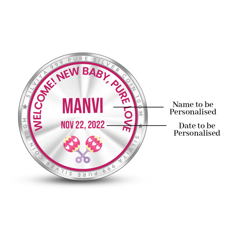 Backside view of round 999 pure silver new born baby girl coin with polished finish.