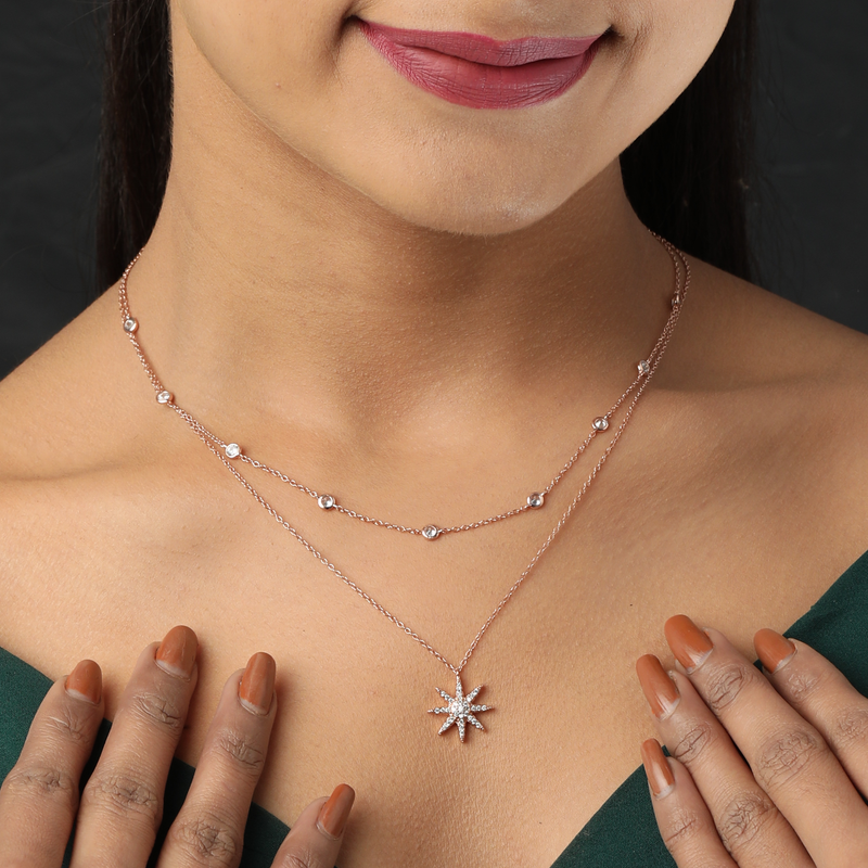 Model wearing Rose Gold Layered 925 Necklace – graceful and lightweight sterling silver jewellery for women.