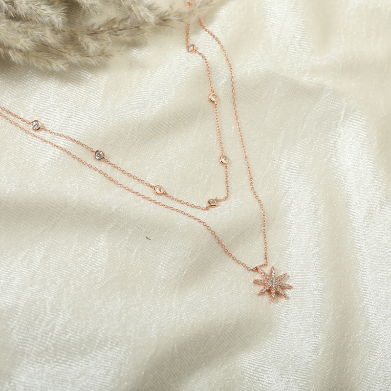 Rose Gold Layered 925 Necklace displayed as prop image on festive background – stylish silver necklace with fine detailing.
