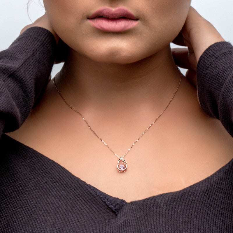 Model wearing Rose Gold Pot Shape Pendant – contemporary festive accessory for women