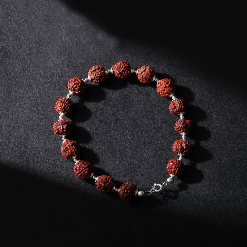 Close-up of Silver Accents in Rudraksh Bracelet on white background